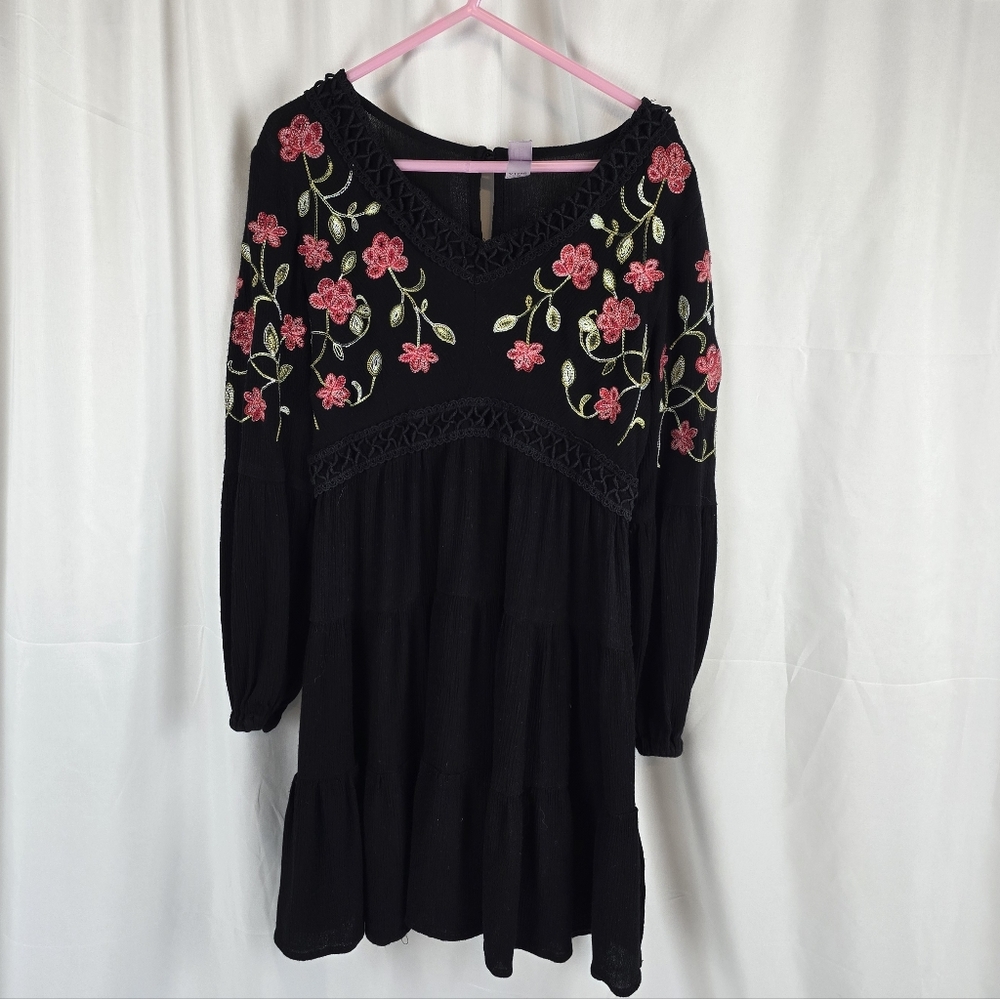 Francesca's Tammy Sweetheart Black Floral Embroidered Babydoll Dress Girls YTH8